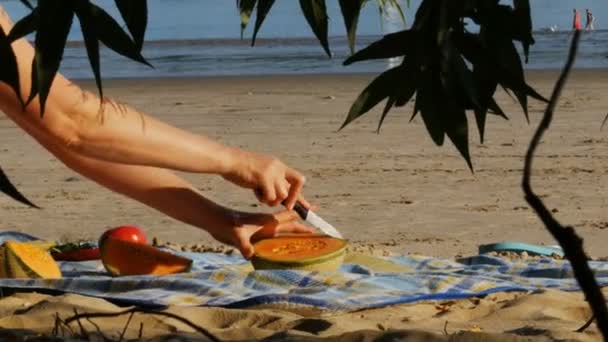 Picknick på en flod strand - skära melon - 4k — Stockvideo