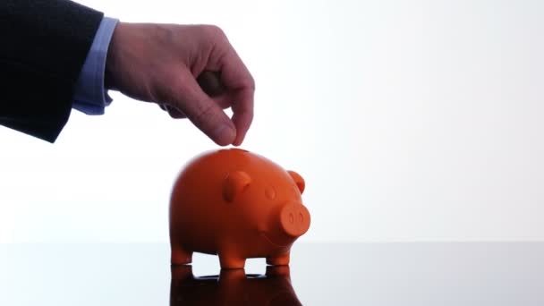 Male hand putting coins in a piggy bank — Stock Video