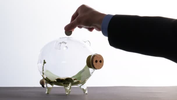 Saving money - a businessman hoards cash and throws some coins into a glass piggy bank — Stock Video