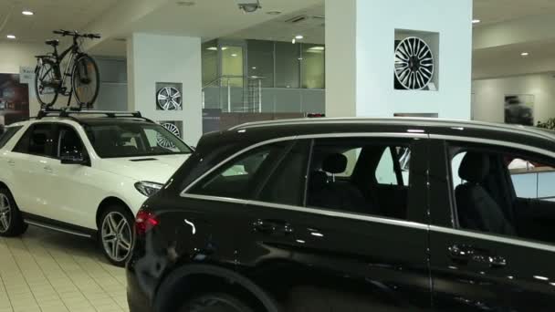 Vista de la fila de coches nuevos en la sala de exposición de coches nuevos. Coches nuevos en stock. Mercado de coches nuevos . — Vídeos de Stock