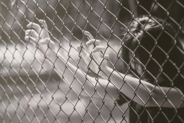 Молодая женщина в тюрьме, несчастная девушка рука грустный безнадежный на заборе тюрьмы в тюрьме — стоковое фото