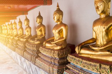 Tay tapınak güzel altın Buddha ile altın rengi satır oturuşta Budist heykellerden yapabilir konsantrasyonu