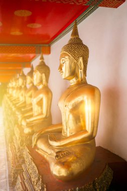 Tay tapınak güzel altın Buddha ile altın rengi satır oturuşta Budist heykellerden yapabilir konsantrasyonu