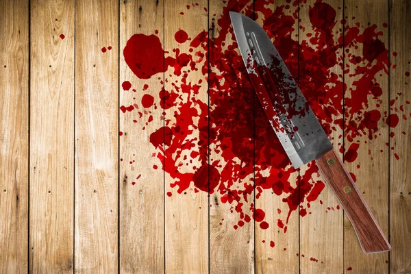 Cuchillo con grunge de sangre en piso de madera, Halloween sangriento asesinato — Foto de Stock