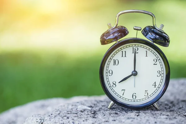 Ρολόι με φόντο την καταπράσινη φύση, κουδούνι ρετρό ρολόι του χρόνου στις 8 η ώρα. — Φωτογραφία Αρχείου