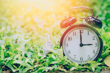 Güneş ışığı ile bahçe çim alanında 3 o'clock retro saat.