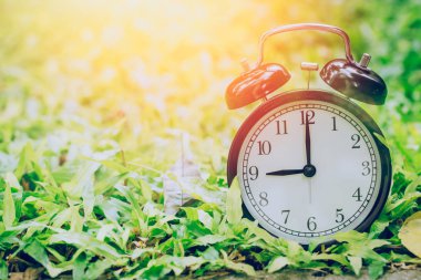 9 o'clock retro clock in the garden grass field with sun light.