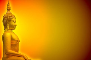 Altın Buddha parlaklık ışık içinde karanlık için arka plan veya kartpostal veya duvar kağıdı tasarım alanı ile.