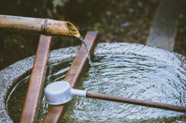 Japonca Tapınağı'nda taş küvette bambu boruyla su durulama.