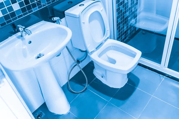 Schoon Toilet blauwe kleur Toon nieuwe schone hygiëne concept. — Stockfoto