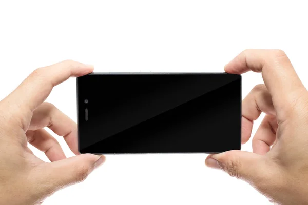 Dos manos sostienen el teléfono inteligente para tomar fotografía móvil o jugar juego aislado en blanco con ruta de recorte — Foto de Stock