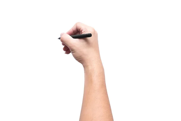Mano de escritura. mano masculina mantenga pluma negro escribir en la pared aislado en blanco con camino de recorte — Foto de Stock