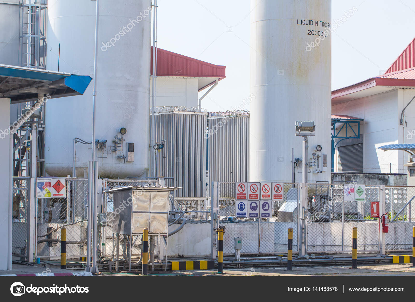 Liquid Nitrogen with dangerous chemical tank at Gas station Stock