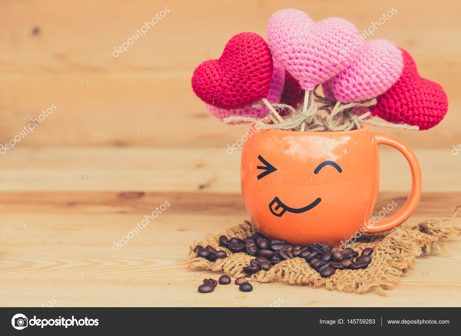 Smile Face Hot Coffee Cup With Bean On Wood Background Happy Time Concept Smile Face Hot Coffee Cup With Bean On Wood Background Happy Time Concept