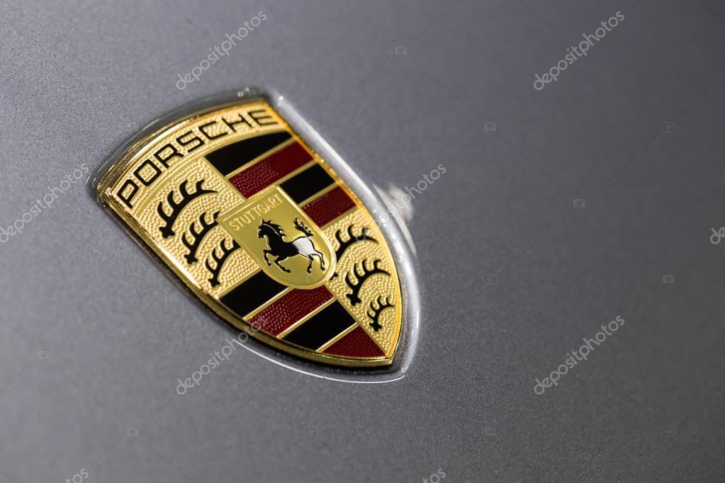 BANGKOK,THAILAND-December 10,2016: PORSCHE supercar logo sign of luxury german automobile manufacturer specializing in high-performance sports cars