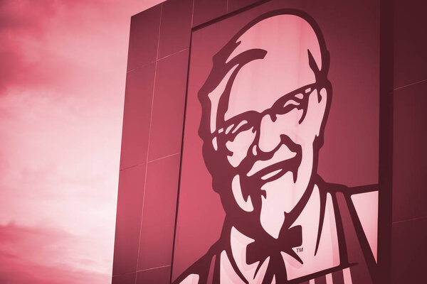Kentucky Fried Chicken Restaurant Sign sign banner logo in red color tone, KFC Crisis after faeces bacteria found on ice served in KFC outlet in April 2016 concept.