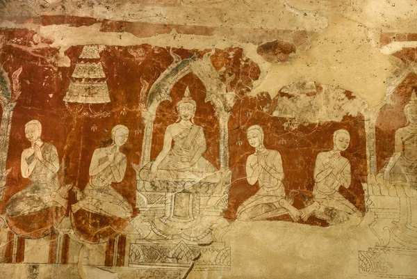 Ancienne peinture d'histoire de Bouddha dans le mur du temple thaïlandais . — Photo