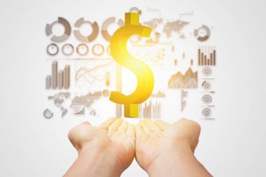 İş bilgi pazarlama ile para elinde. Modern özel yönetim grafik Infographic Görüntü Yöneticisi beyaz arka plan üzerinde erkek avuç içinde buraya