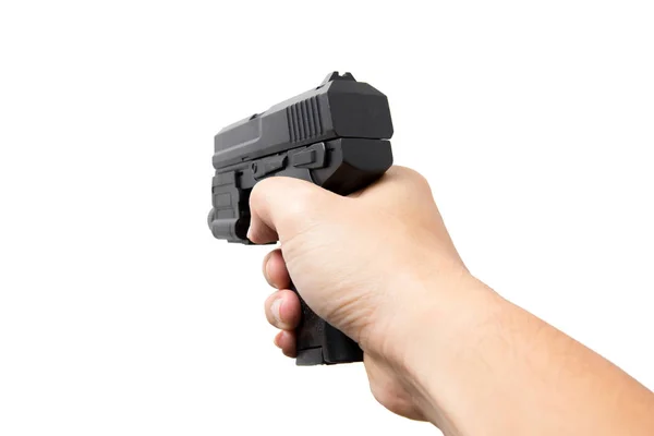 Hand hålla pistol eller Pistol skjutvapen automatisk pistol från sidan isolerade på vitt. Skytte hållning. — Stockfoto