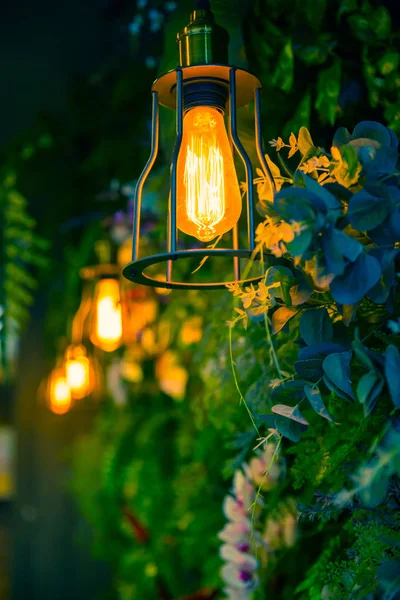 Lampă de junglă în pădure verde plante fundal interior cafenea decorare . — Fotografie, imagine de stoc