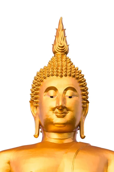 Closeup Thailand gouden buddha hoofd glimlach geïsoleerd op wit met pad. — Stockfoto