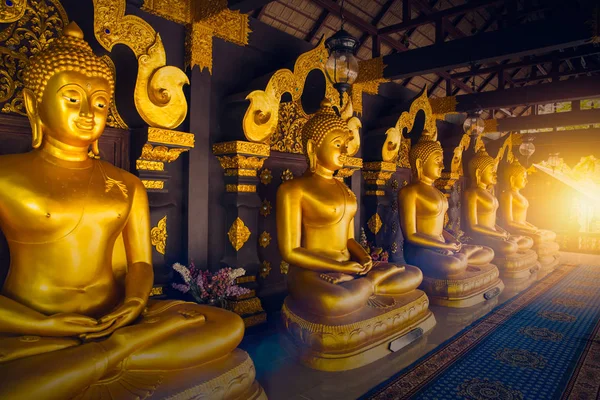 Fila de Buda dourado no templo da Tailândia na província de Lampang . — Fotografia de Stock