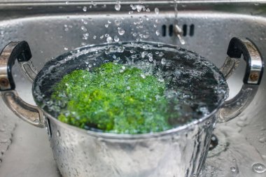 Brokoli sebze evye su ile temizlik, tencerede su durulama temizlemek için sağlıklı gıda.