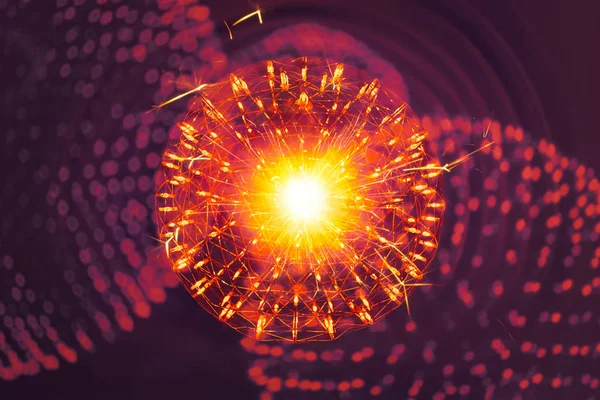 Núcleo da estrutura da molécula de Átomo com luz de radiação conceito de modelo de ilusão de ciência nano física . — Fotografia de Stock