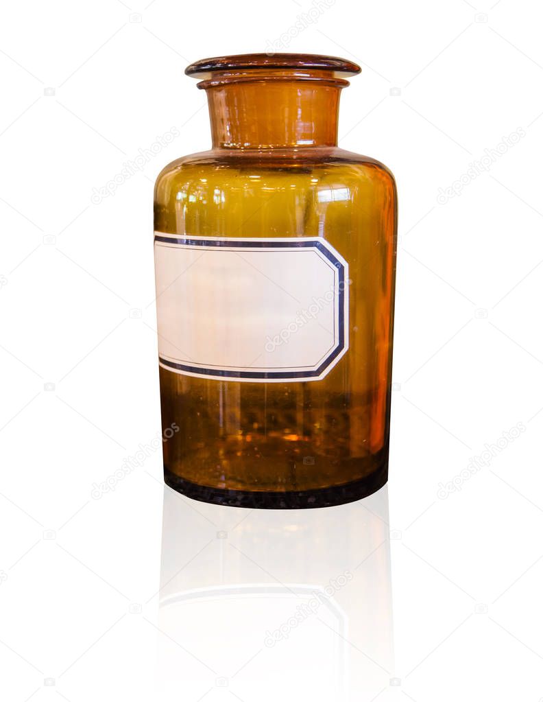 chemical bottle brown glass bottle with blank white label isolated on white background.