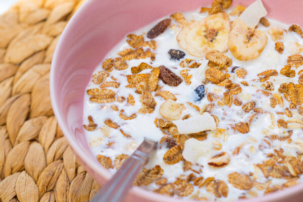 Muesli in the spoon, Healthy food concept.