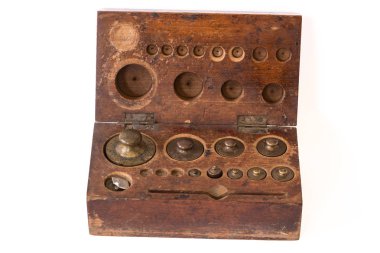 Antika döküm pirinç ağırlık Vintage denge tahta kutu ölçeğinde için.