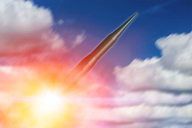 Nükleer bomba testi illüstrasyon kavramı için gökyüzünde uçan lunched kıtalararası balistik füze (ICBM) roket.