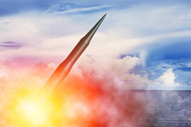 Kıtalararası balistik füze (ICBM) roket öğle yemeği için nükleer bomba testi illüstrasyon kavramı.