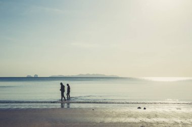 Deniz plaj, yalnız yaz sezonu vintage renk tonu yürüyüş dostluk.