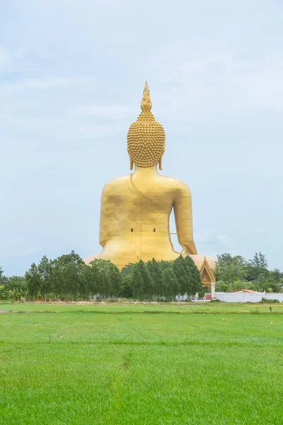 Buda dourado no campo. Grande estátua de Buda em Wat Muang em Angthong na paisagem rural traseira na Tailândia . — Fotografia de Stock