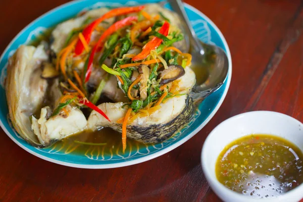 Hot spicy steam fish bass food with sauce — Stock Photo, Image