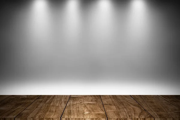 Στάδιο ξύλο ή ξύλινο πάτωμα με λευκό φωτισμό φόντου διακόσμηση — Φωτογραφία Αρχείου