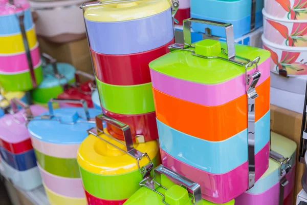 stock image Tiffin box or food carrier stack colorful BPA plastic safety food containing materials sale in Thailand