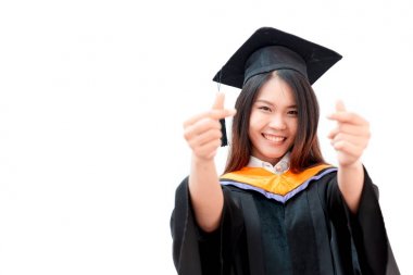 Asyalı güzel kadın portre mezuniyet beyaz, Tayland Üniversitesi izole.