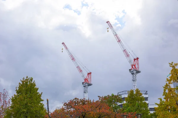 空雲と日本の秋の木ホイスト クレーンの 2 つ — ストック写真