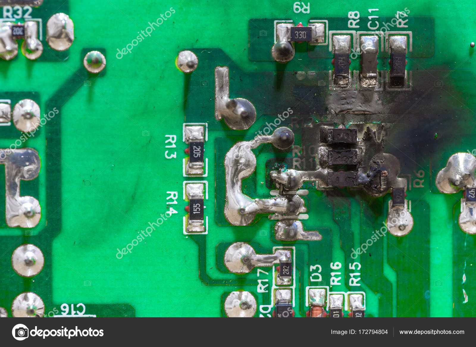 PCB circuit board electricity short circuit and burning — Stock