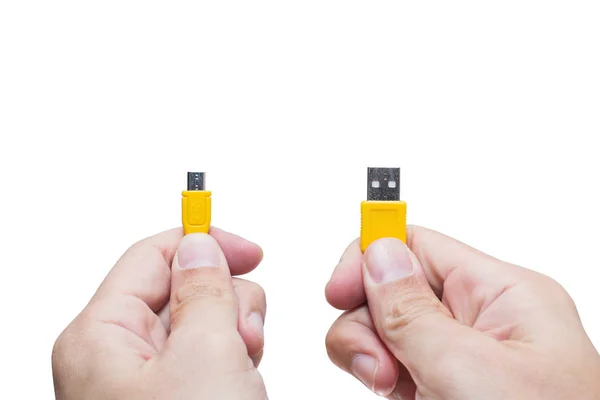 Compare usb head with hand hold isolated on white — Stock Photo, Image