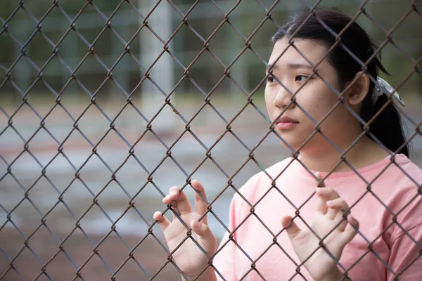 Prison Asian Teen Behide Cage Sad Jail — Stock Photo, Image