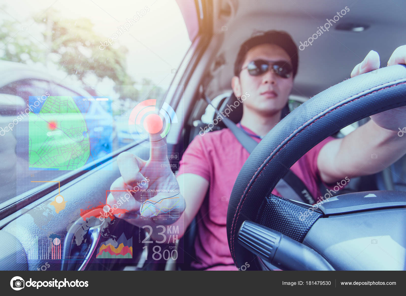 Asian Male Drive Smart Car Touch Screen Future Concept Driver Stock