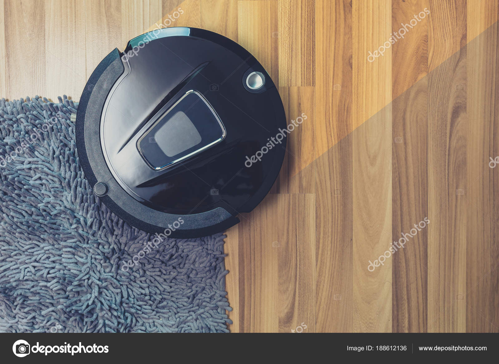Robot Vacuum Cleaner Cleaning Dusty Wooden Floor Carpet Stock