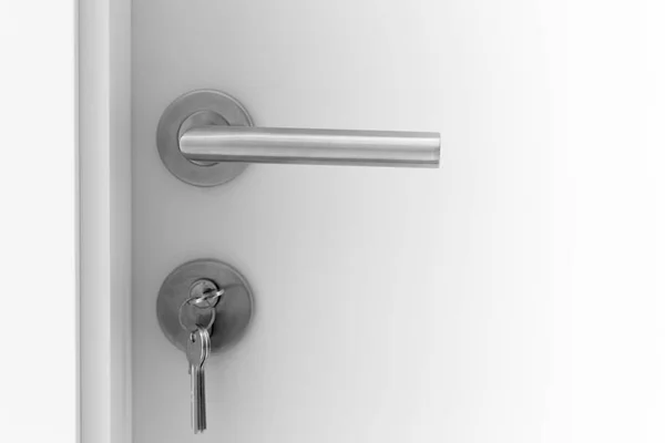 Closeup White Door Handle Metal Key Unlock Locking Door — Stock Photo, Image