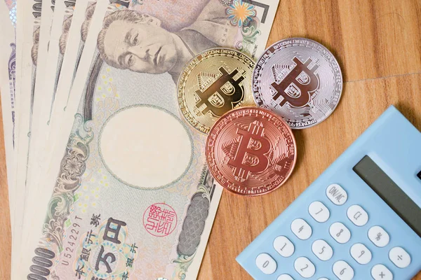 Bitcoin Criptomoneda Con Japón Yen Dinero — Foto de Stock