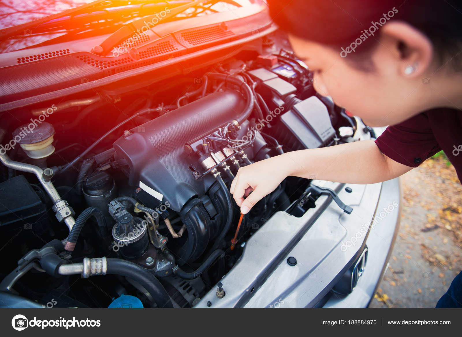 Asian Women Self Car Engine Oil Level Check Trip Stock Photo