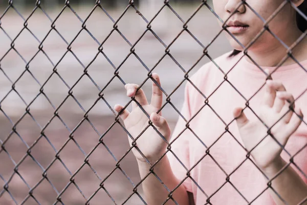 Teen Cage Woman Jailed Unhappy Girl Hand Sad Hopeless Fence — Stock Photo, Image