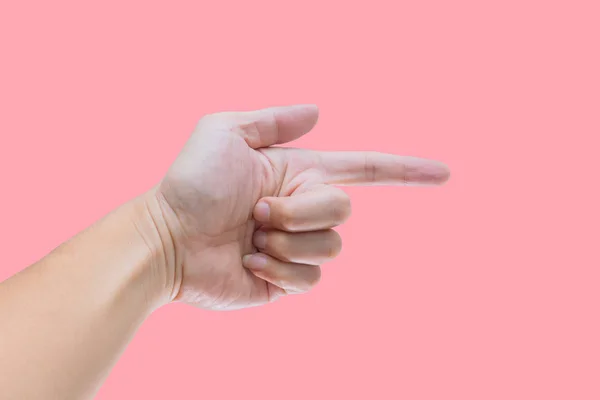 Manlig Hand Hand Pistol Eller Finger Pekar Hitåt Isolerad Rosa — Stockfoto